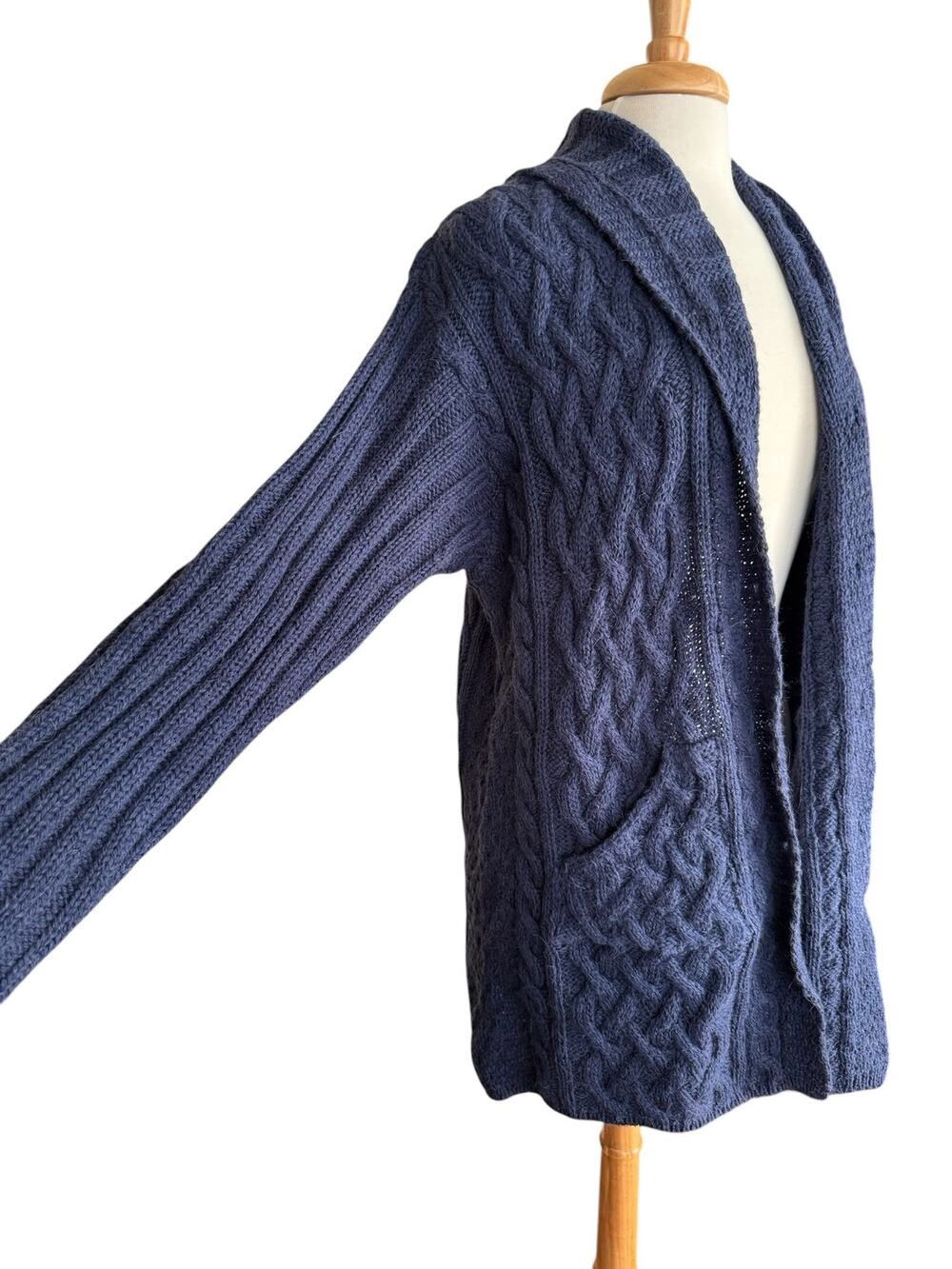 Aran Crafts Ireland Alpaca Wool Cardigan L Blue Cable Knit Open Front Sweater